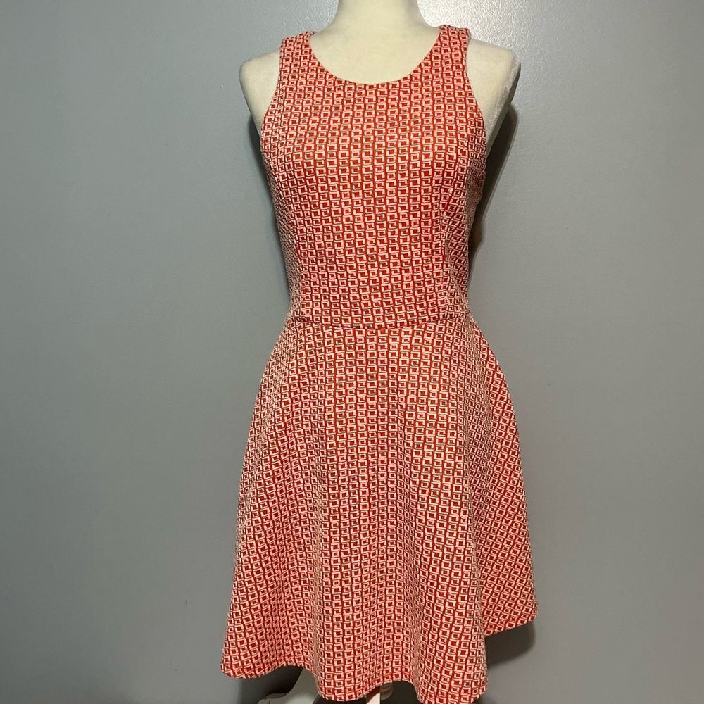 Finn & Clover Womens Dress Orange White Geometric Sleeveless Knee Length size M
